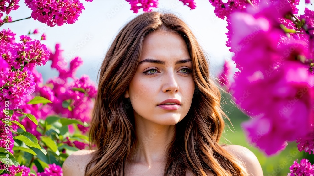 Beautiful Woman in Blooming Pink Flowers: Nature and Beauty Portrait Photography Beautiful Woman in Blooming Pink Flowers: Nature and Beauty Portrait Photography