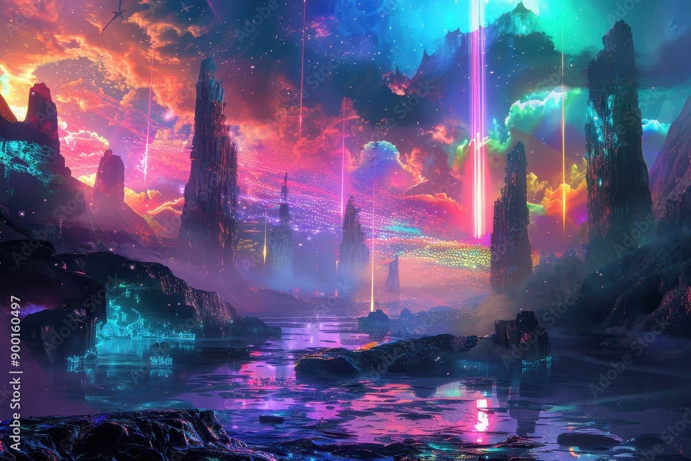 A surreal landscape with towering rock formations bathed in a vibrant otherworldly glow A surreal landscape with towering rock formations bathed in a vibrant otherworldly glow