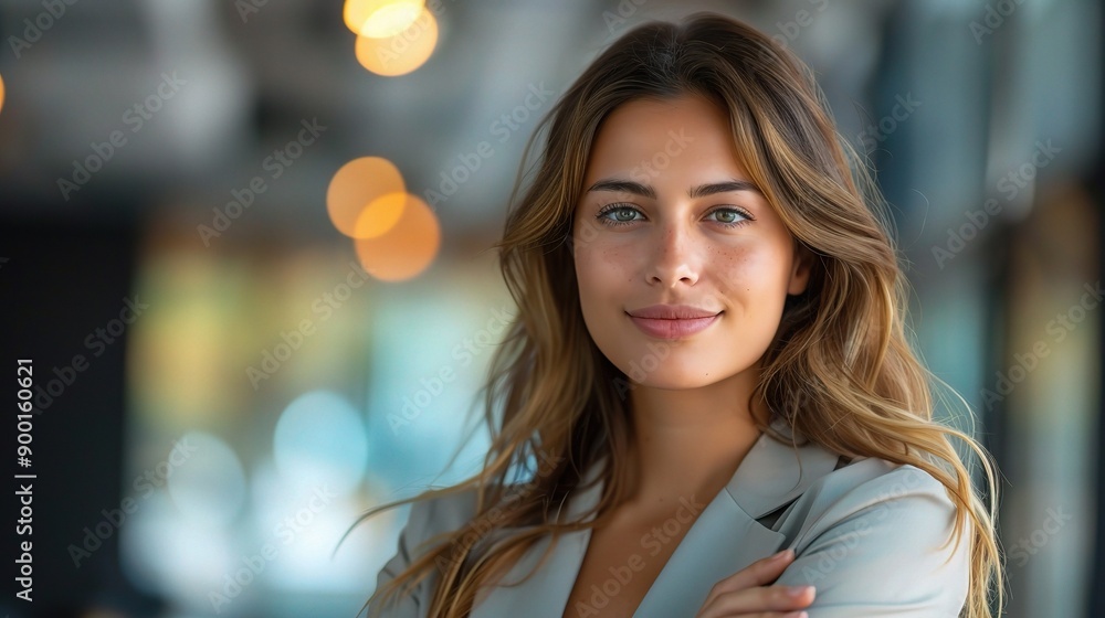 Confident Professional Woman: A young businesswoman exudes confidence in a modern office setting. Confident Professional Woman: A young businesswoman exudes confidence in a modern office setting.