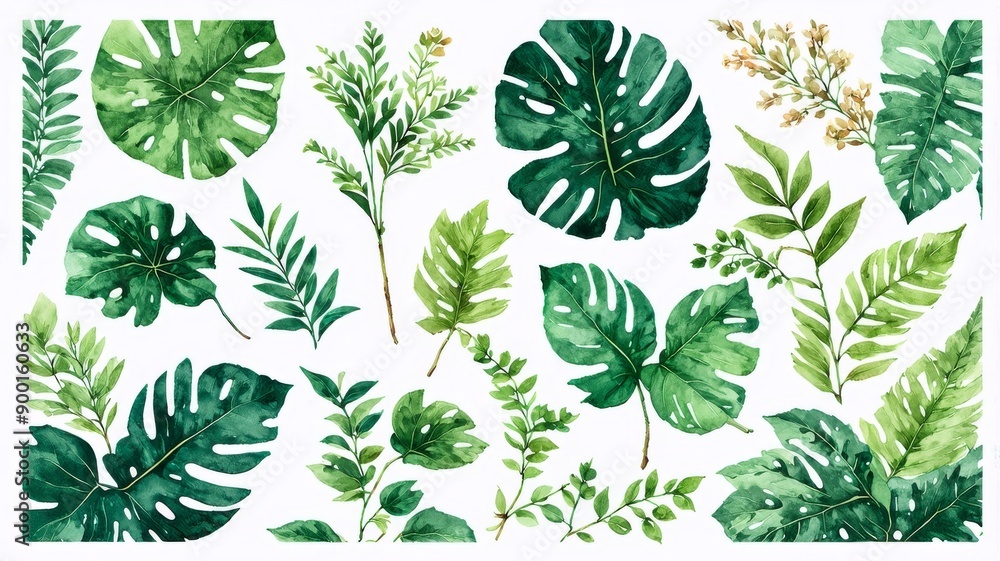 Watercolor Botanical Illustrations of Green Tropical Leaves and Plants - Jungle Inspired Collection of Foliage for Home Decor, Art, and Design Projects