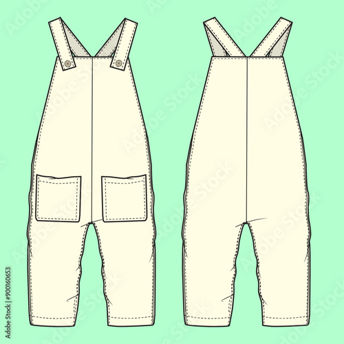 Boys and girls ecru color dungarees flat sketch outline vector fashion illustration template.