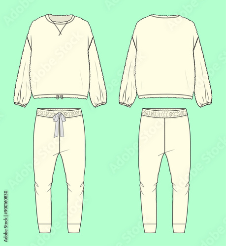 Girls and womens ecru colour nightwear drop shoulder round neck sweatshirt and cuff jogger flat sketch outline vector fashion illustration template.