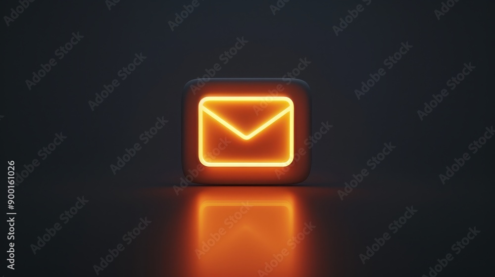Glowing neon envelope icon, commonly associated with email or messaging applications, set against a dark background with a reflective surface Glowing neon envelope icon, commonly associated with email or messaging applications, set against a dark background with a reflective surface