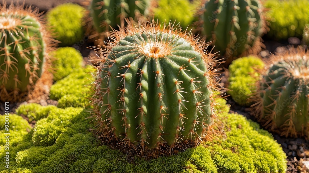 Beautiful Close-Up Photograph of Barrel Cactus Surrounded by Green Moss – Perfect for Nature Themes and Botanical Projects Beautiful Close-Up Photograph of Barrel Cactus Surrounded by Green Moss – Perfect for Nature Themes and Botanical Projects