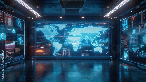 Futuristic Control Room with World Map Display © MUCHIB