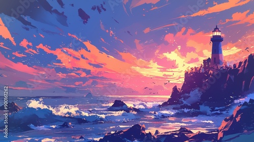 A dramatic anime seascape featuring a lighthouse on a cliff