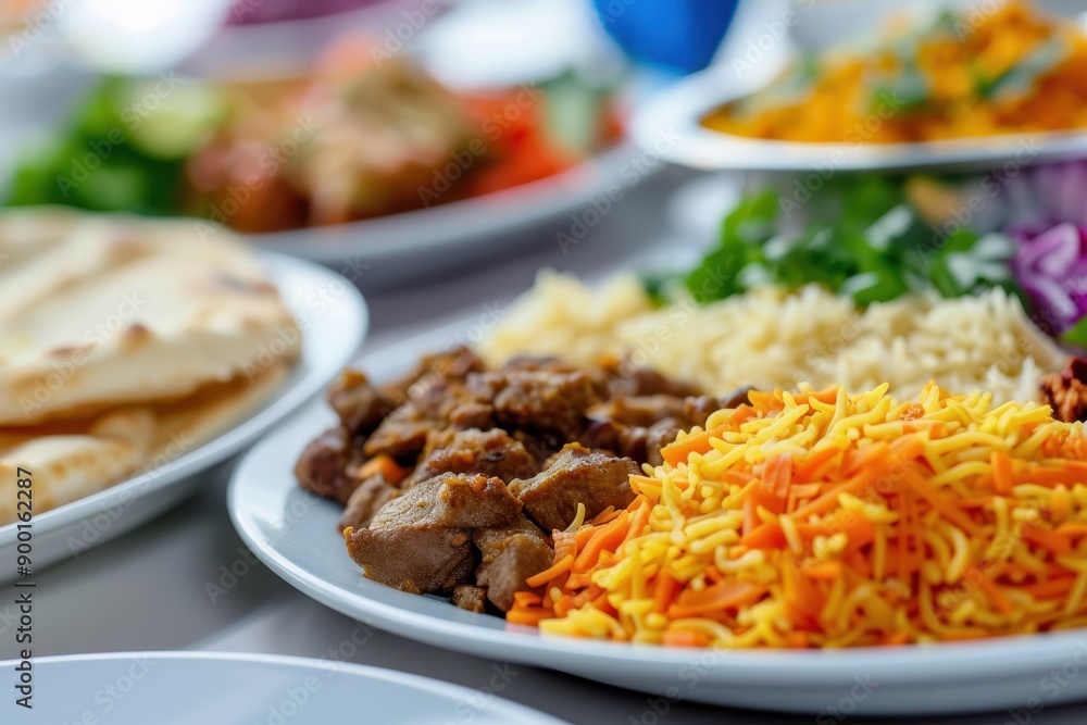 A traditional Islamic meal in a halal kitchen, focusing on religious dietary customs and halal food safety standards, illustrating halal compliance and religious food guidelines A traditional Islamic meal in a halal kitchen, focusing on religious dietary customs and halal food safety standards, illustrating halal compliance and religious food guidelines