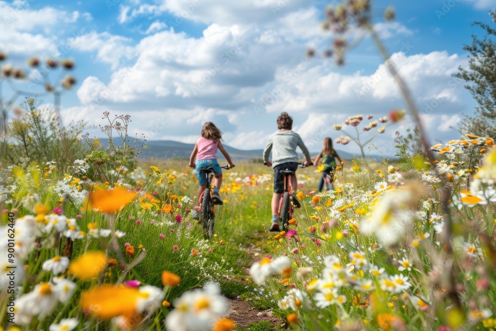 A family bike ride through a scenic countryside, with kids on bikes, parents leading the way, and blooming flowers A family bike ride through a scenic countryside, with kids on bikes, parents leading the way, and blooming flowers