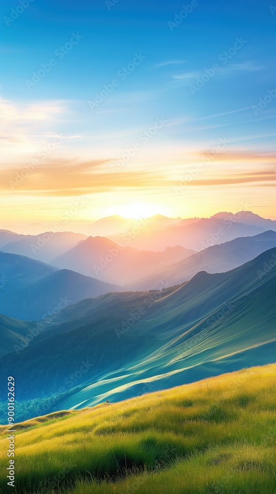 Serene mountain landscape, vivid sunset, Watercolor style