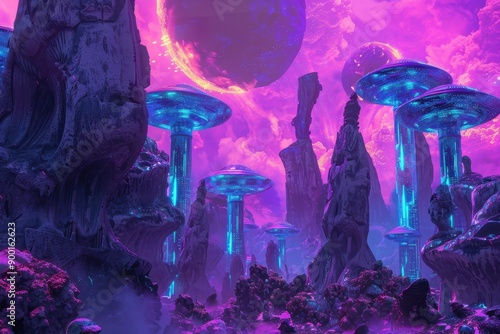 Alien landscape with glowing mushrooms and a distant moon photo