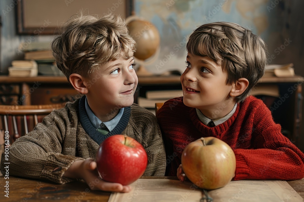 Fototapeta premium Two Boys in Vintage Classroom Holding Apples, Smiling at Each Other, Retro School Setting