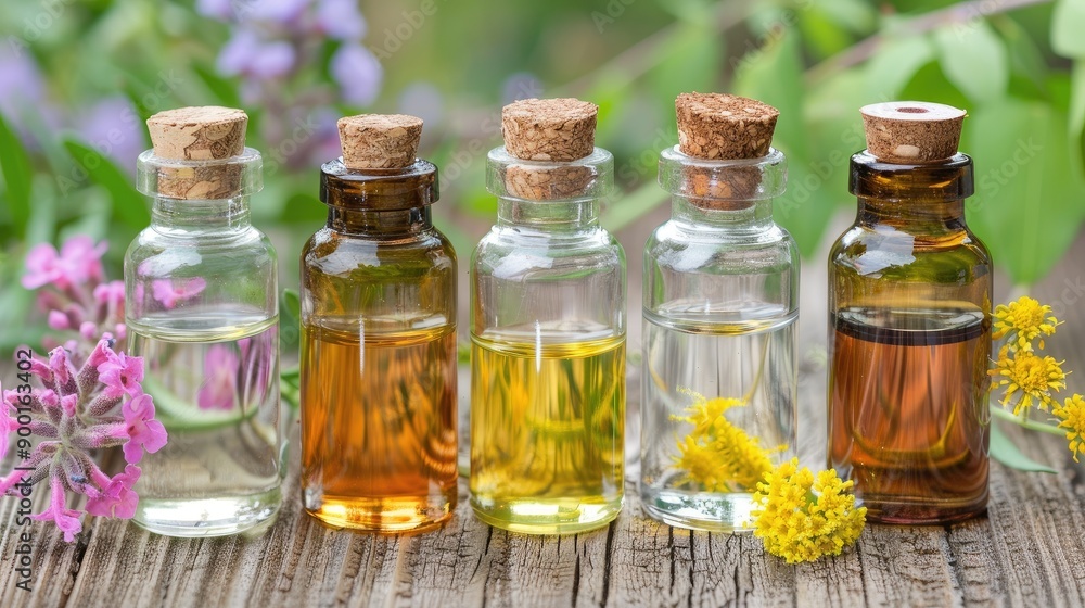 Five glass bottles filled with essential oils on a rustic wooden table surrounded by fresh flowers. Perfect for aromatherapy and wellness imagery. Five glass bottles filled with essential oils on a rustic wooden table surrounded by fresh flowers. Perfect for aromatherapy and wellness imagery.