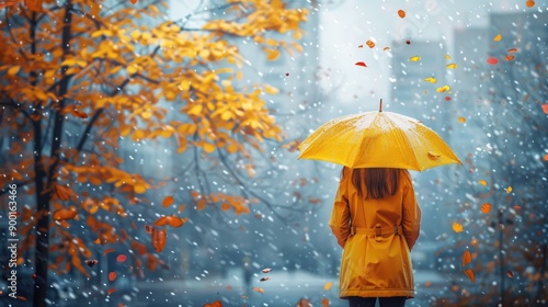 Woman with Yellow Umbrella in Snowy Autumn Park photo