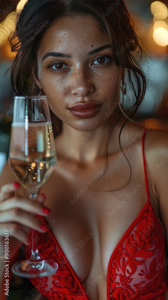 Glamorous Woman in Red Dress Holding Champagne Glass at Elegant Evening Event Glamorous Woman in Red Dress Holding Champagne Glass at Elegant Evening Event