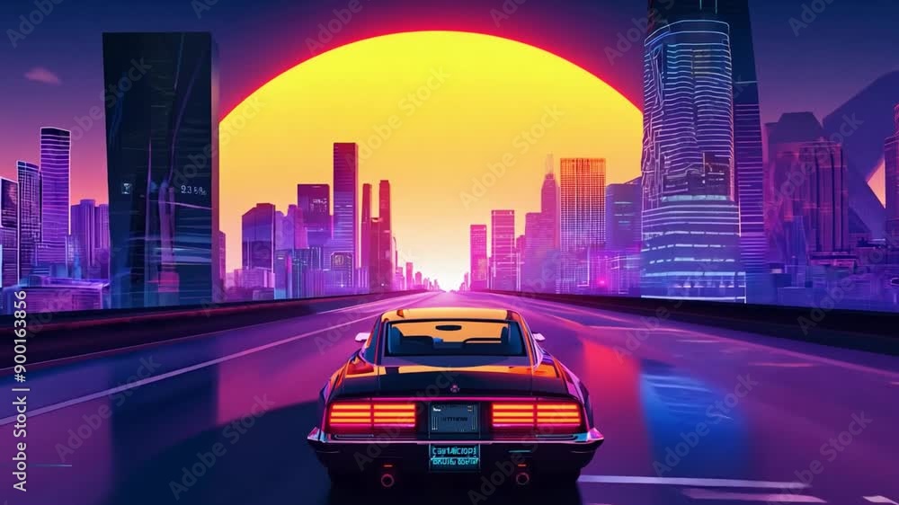 City sunset loop driving background with retro 80's electric Synthwave.