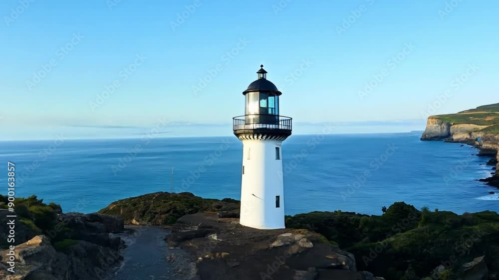 A picturesque lighthouse nestled on a rocky coastline waves crashing on rocks and seabirds flew around the lighthouse. The sky was clear and the sun was shining brightly. A picturesque lighthouse nestled on a rocky coastline waves crashing on rocks and seabirds flew around the lighthouse. The sky was clear and the sun was shining brightly.