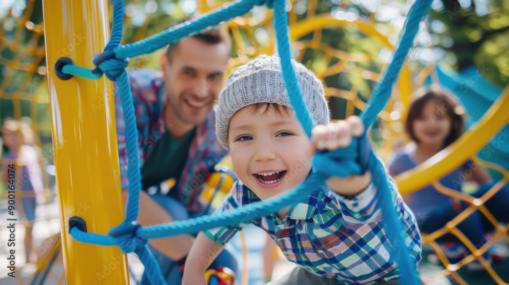family in the kids park, Child is between climbing frame, Mother and father are around