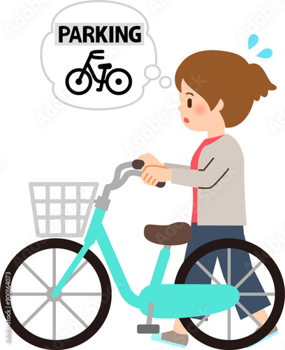 駐輪場を探しながら自転車を押して歩く女性