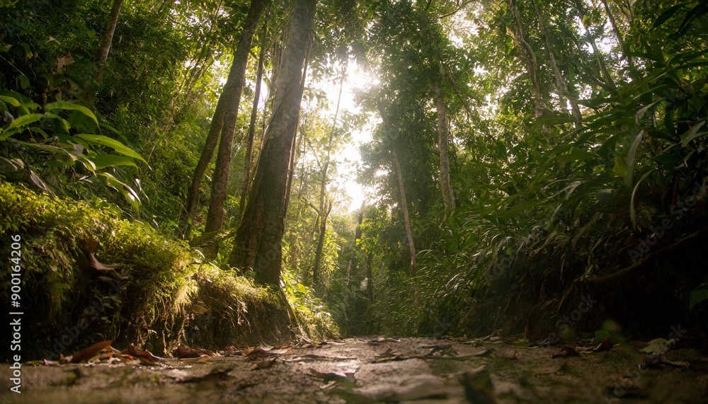 Obraz premium Experiencing tranquility in a forest bathed in dappled sunlight.