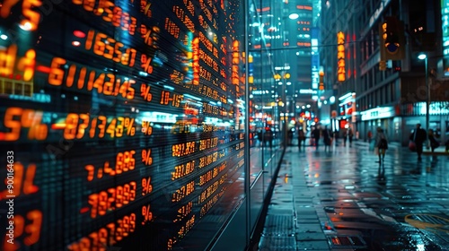 Stock Market Display in Rainy City Street at Night - Photo © Vikarest