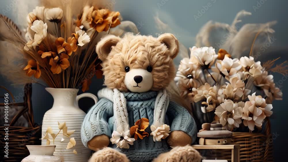 Adorable handmade teddy bear surrounded by dried flowers and decor in a ...