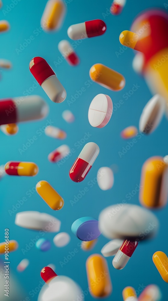 Floating colorful pills and metal pieces on a blue background
Floating colorful pills and metal pieces on a blue background