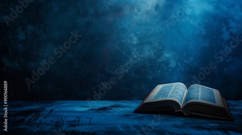Open Bible on a Wooden Table with Dark Blue Background â€“ Spiritual Reading, Christian Faith, Religious Study and Reflection