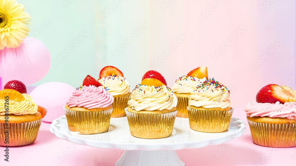 Delicious Cupcakes with Colorful Frosting and Fruit Toppings on Pastel Background - Perfect for Birthday Celebrations Delicious Cupcakes with Colorful Frosting and Fruit Toppings on Pastel Background - Perfect for Birthday Celebrations