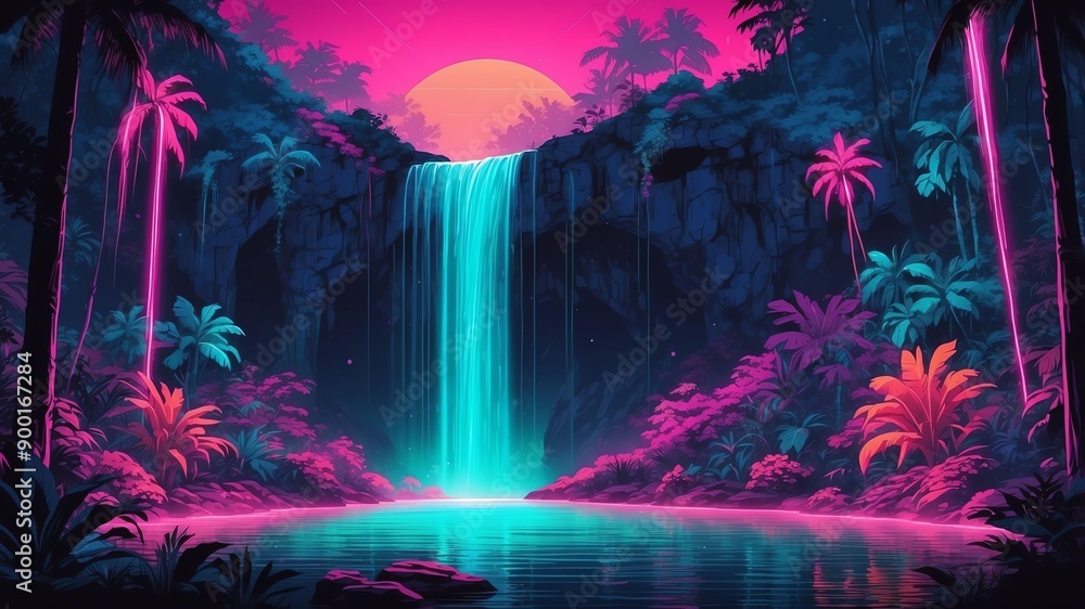 Obraz premium tropical waterfall retro neon
