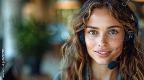 Wallpaper Mural Confident Customer Service Representative: A warm smile and attentive gaze, this professional woman wearing a headset exudes confidence and friendly professionalism.  Torontodigital.ca