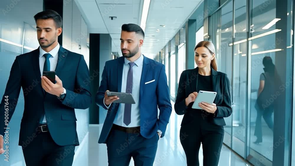 People in business strolling down the office hallway People in business strolling down the office hallway