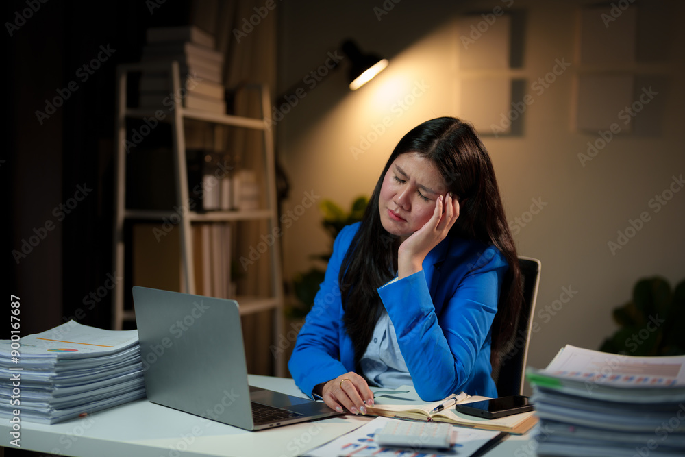 Asian businesswoman Female accountant who is tired, stressed, has a headache from incorrect work. There's a problem in the office. Tired from working long hours, office syndrome concept. Asian businesswoman Female accountant who is tired, stressed, has a headache from incorrect work. There's a problem in the office. Tired from working long hours, office syndrome concept.