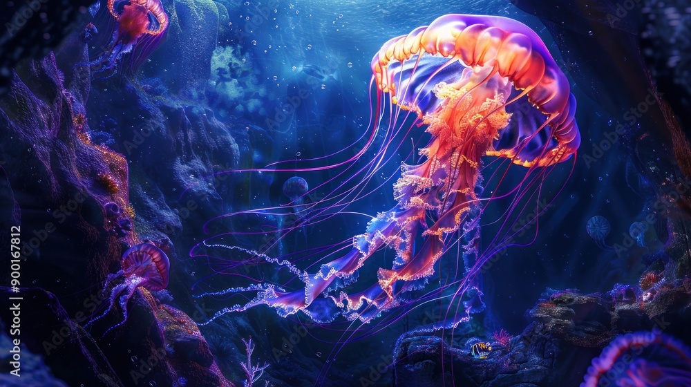 Naklejka premium Bio-luminescent Jellyfish in Underwater Cave