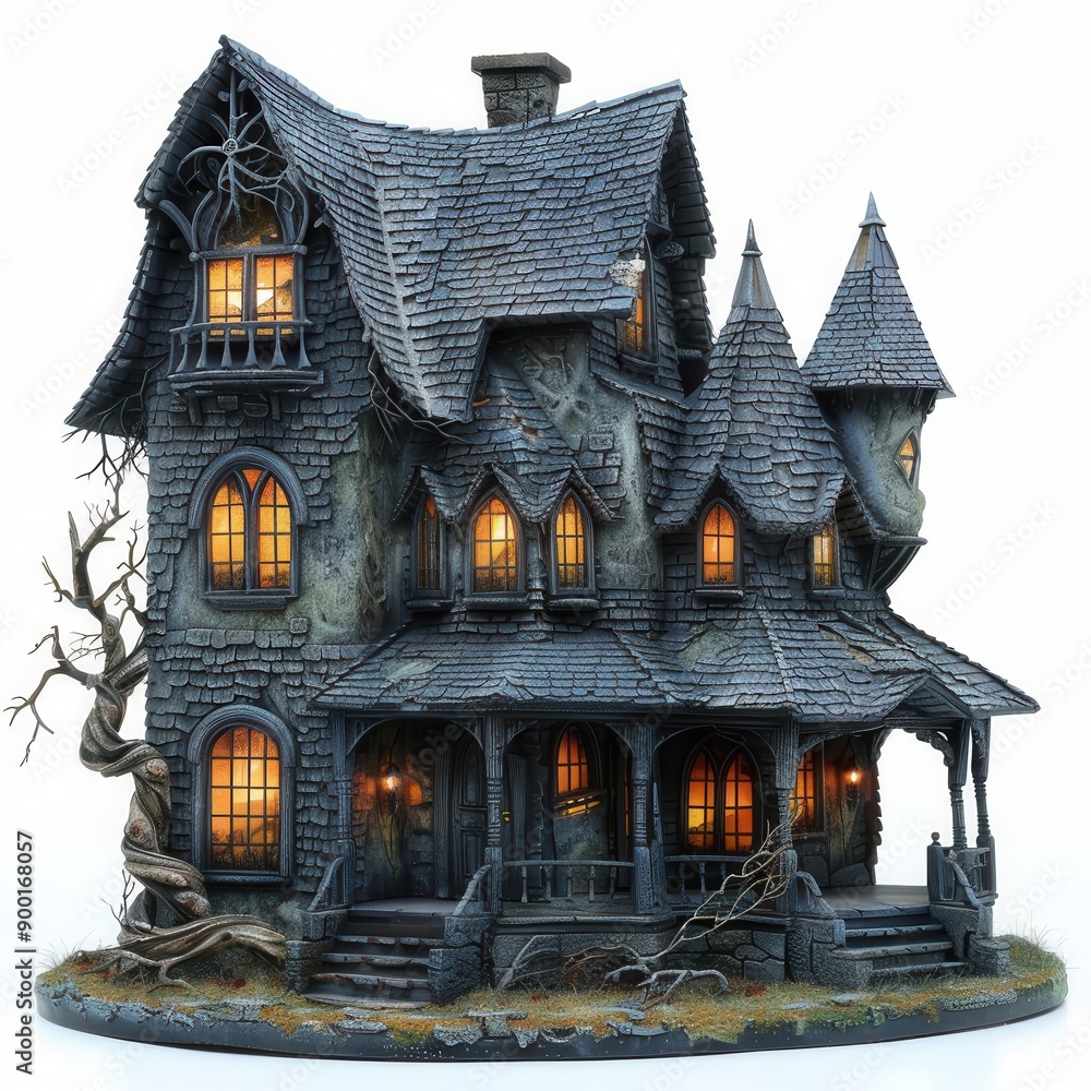 Obraz premium Eerie haunted house on solid white background, single object