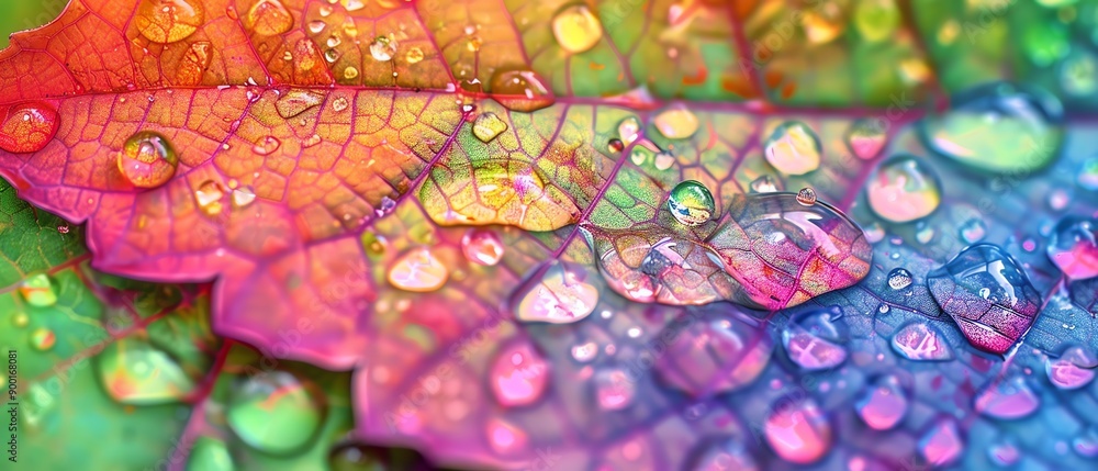 Fototapeta premium Colorful leaf with raindrops, focusing on detailed texture and vibrant hues