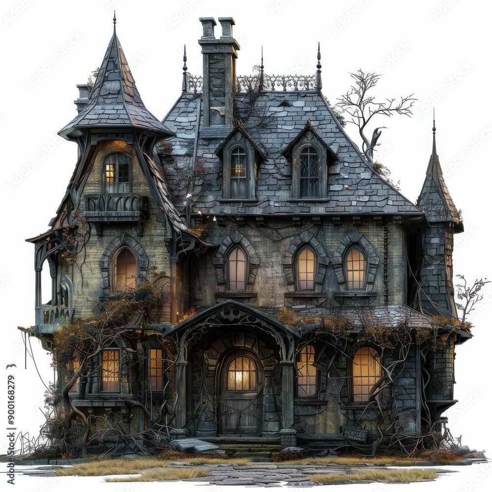 Gloomy haunted house on solid white background, single object Gloomy haunted house on solid white background, single object