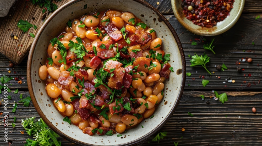 araffy bowl of beans and bacon with parsley on a wooden table araffy bowl of beans and bacon with parsley on a wooden table