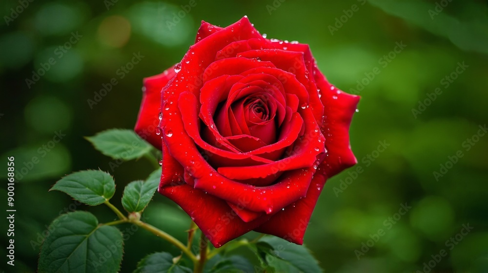 Stunning Photograph of a Red Rose with Water Droplets on Natural Green Background - Perfect for Romantic and Nature Themes Stunning Photograph of a Red Rose with Water Droplets on Natural Green Background - Perfect for Romantic and Nature Themes
