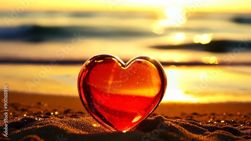 Close-up: Red glass heart rests on golden sand. Sun's reflection dances on gentle waves, creating warm glow. Vibrant colors evoke romance, serenity, and connection with nature.	
