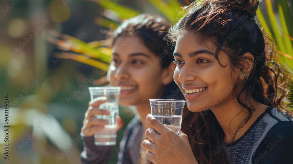 indian women with sport clothes in the garden having a glass of water indian women with sport clothes in the garden having a glass of water