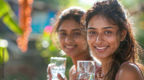 indian women with sport clothes in the garden having a glass of water