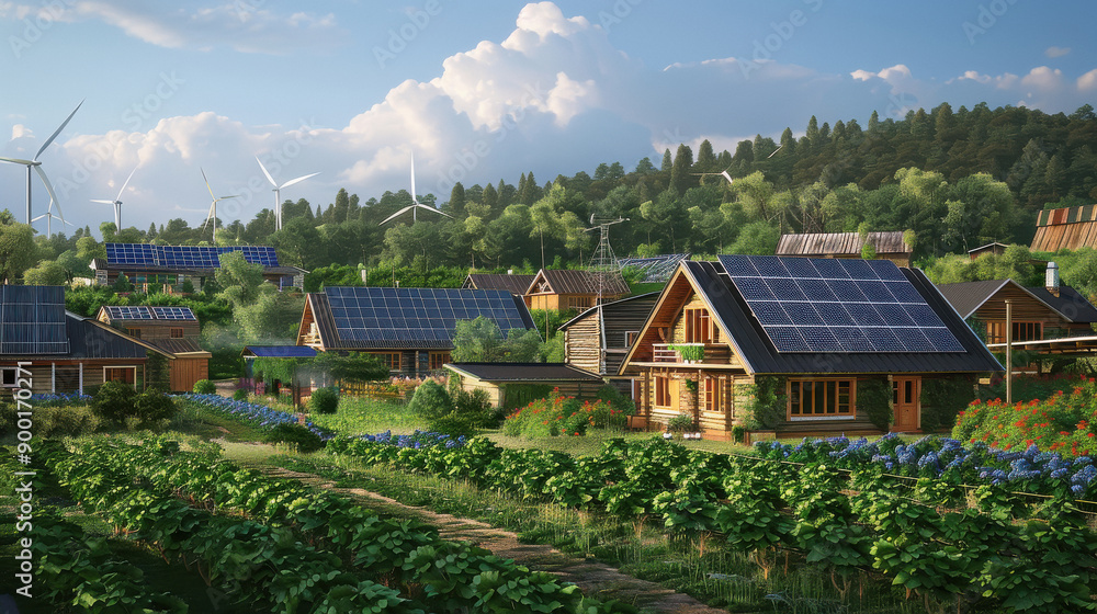 The rural area is dotted with solar panels on rooftops, in fields The rural area is dotted with solar panels on rooftops, in fields