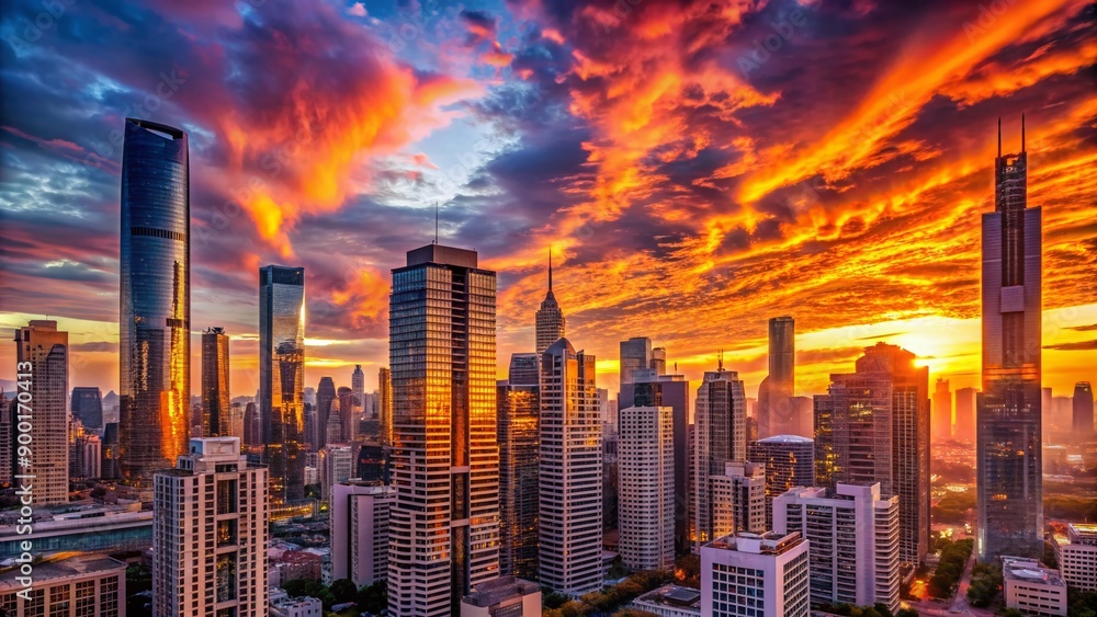 Fototapeta premium Dramatic sunset skyscape with vibrant orange and pink hues casting a warm glow on the towering cityscape's sleek glass and steel skyscrapers.