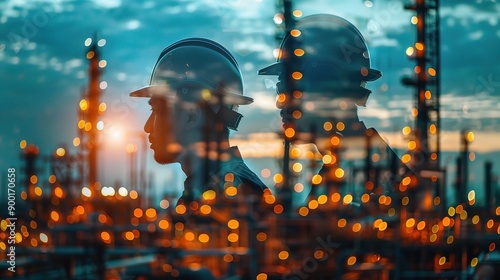 Silhouettes of Industry: Two workers in hard hats stand silhouetted against the backdrop of a glowing oil refinery, their figures partially obscured by the shimmering lights of the industrial complex