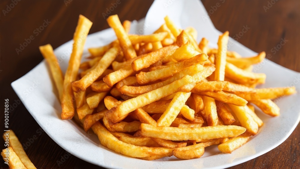 Close-up Photograph of Crispy French Fries on a White Plate, Perfect for Fast Food and Snack Advertisements