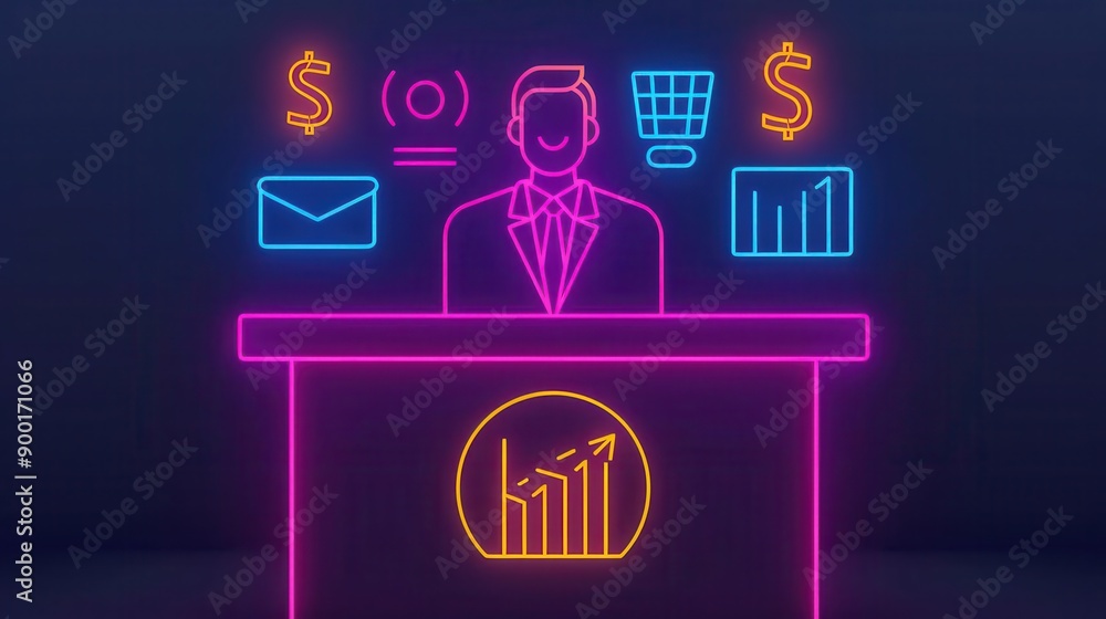 Obraz premium Neon podium with presenter and diverse financial symbols, illustrating investment diversification, modern finance, strategic growth