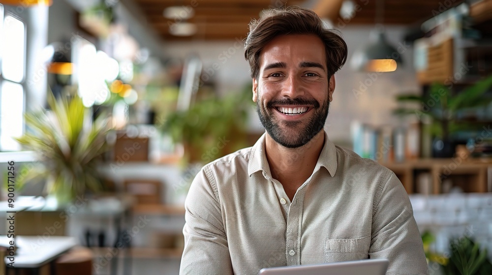 Obraz premium Confident Entrepreneur's Smile: A charismatic businessman radiates success, smiling confidently in his modern, plant-filled office space. 