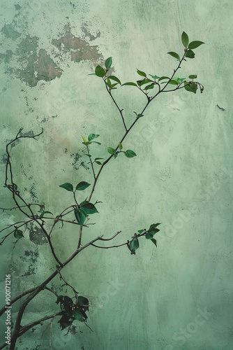 Delicate branches with leaves against a textured, light green background