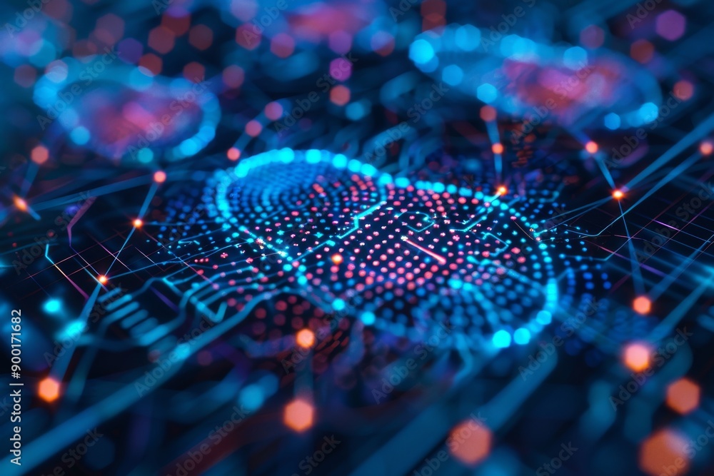Neon Red and Blue Nodes on Digital Grid Background Neon Red and Blue Nodes on Digital Grid Background