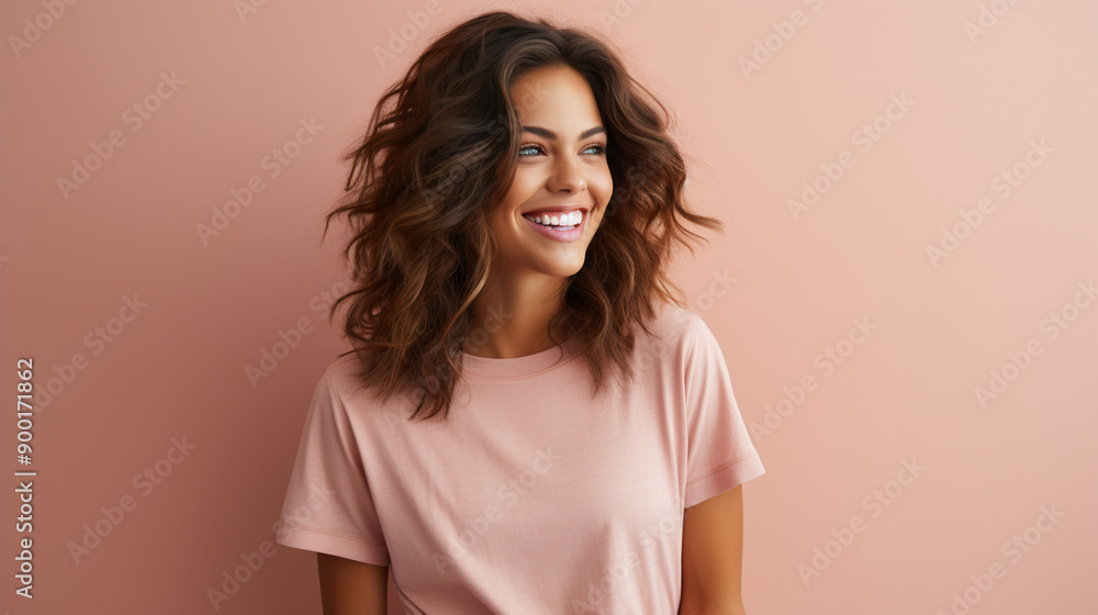 Happy young woman looking away with a smile while standing in a studio. Happy young woman looking away with a smile while standing in a studio.